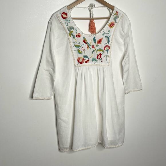 La Troupe Women's Embroidered Swim Cover Up White Floral Bird Print Tasseled - Picture 2 of 10